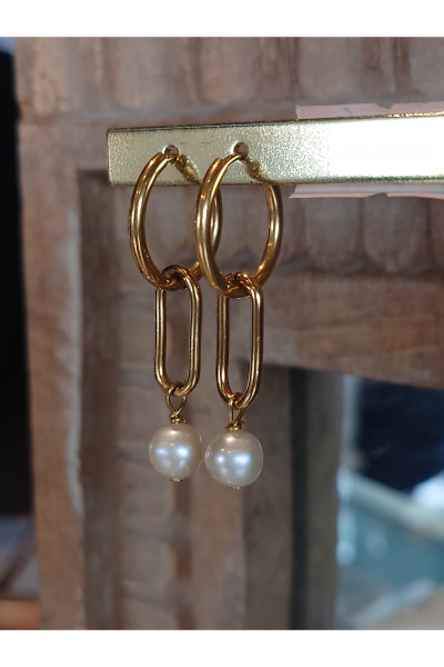 Gold Hoop & Oval hoops with baroque pearl - P354